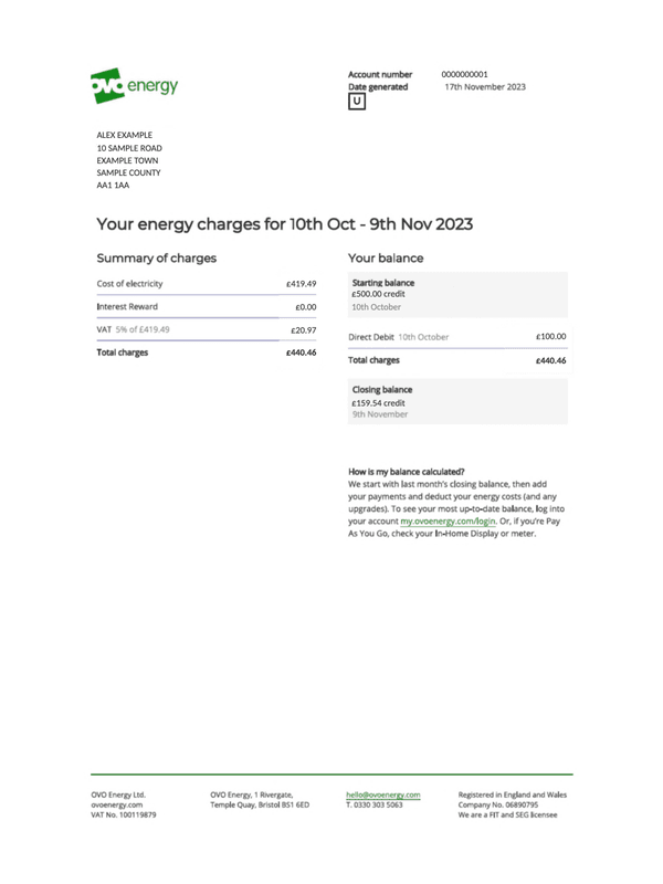 OVO Energy UK Bill editable example