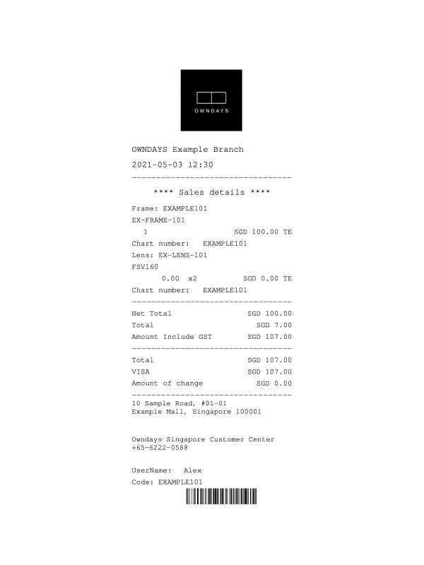 OWNDAYS Singapore Receipt editable example