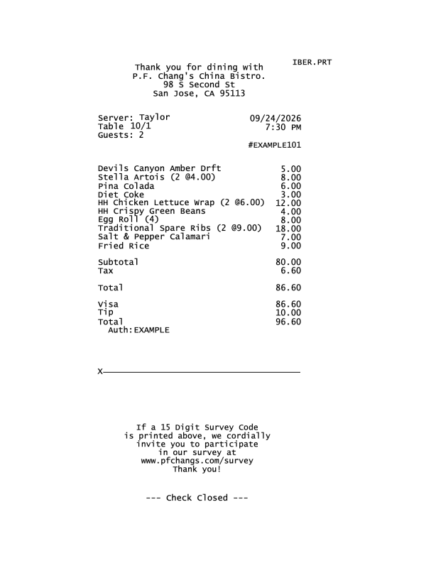P.F. Chang’s Itemized Receipt editable example