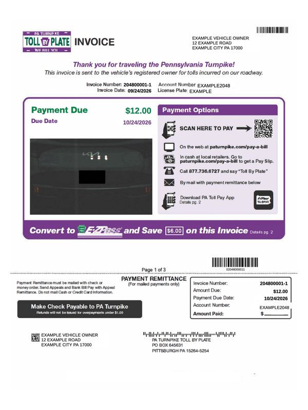 PA Turnpike Toll By Plate Invoice editable example