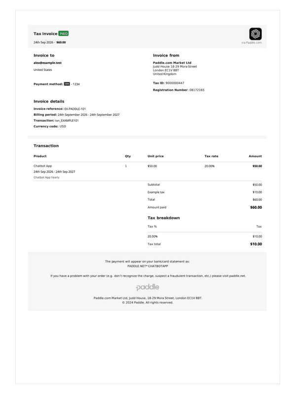 Paddle Tax Invoice editable example