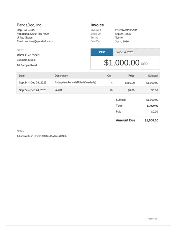 PandaDoc Subscription Invoice editable example