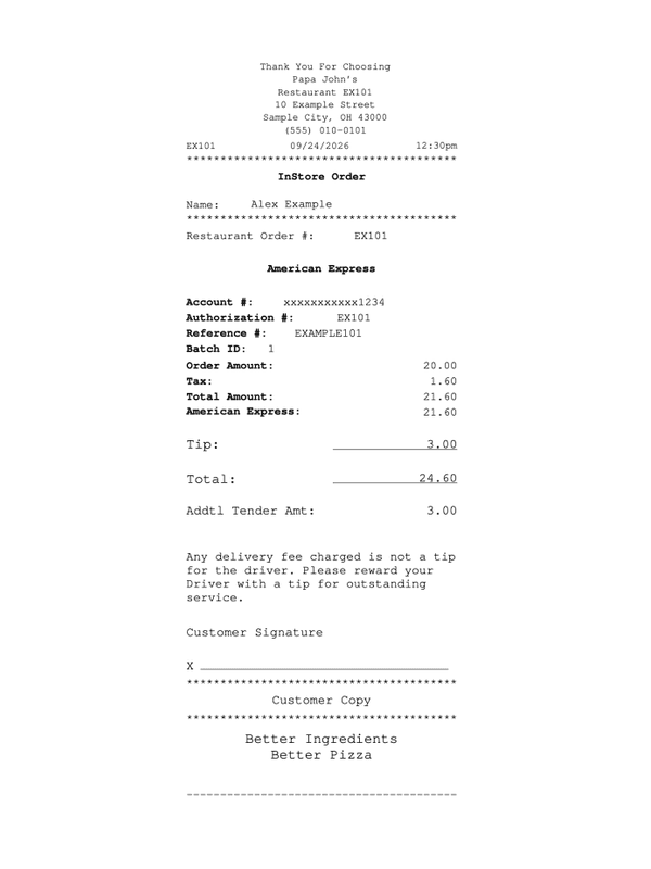Papa John’s Card Payment Receipt editable example