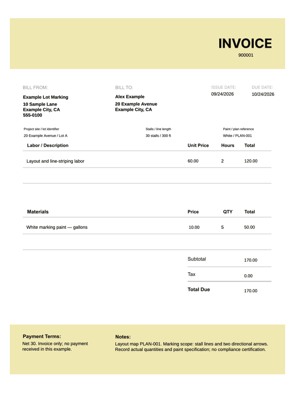 Parking Lot Striping Invoice editable example