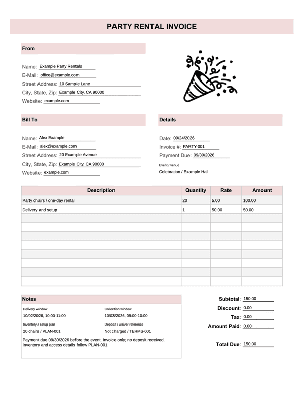 Party Rental Invoice editable example