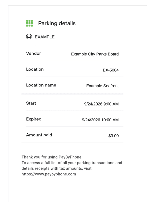 PayByPhone Receipt editable example