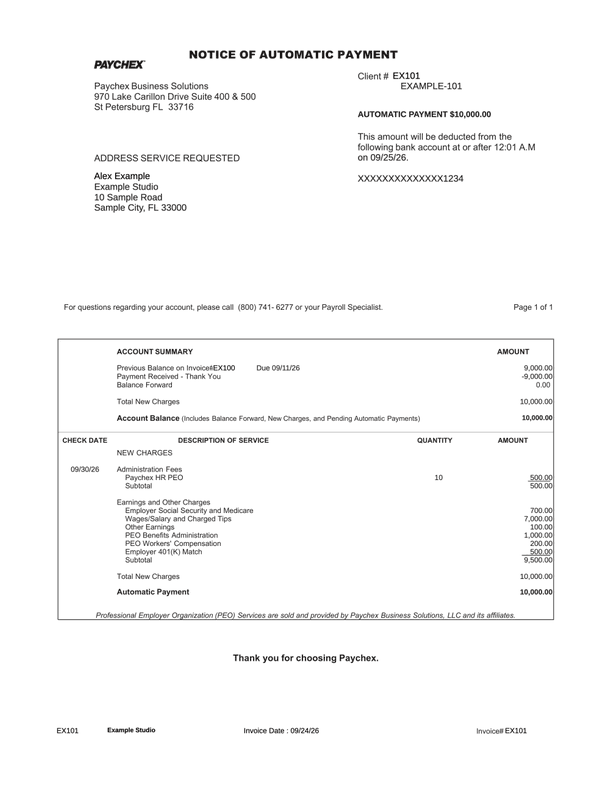 Paychex Invoice and Automatic Payment Notice editable example