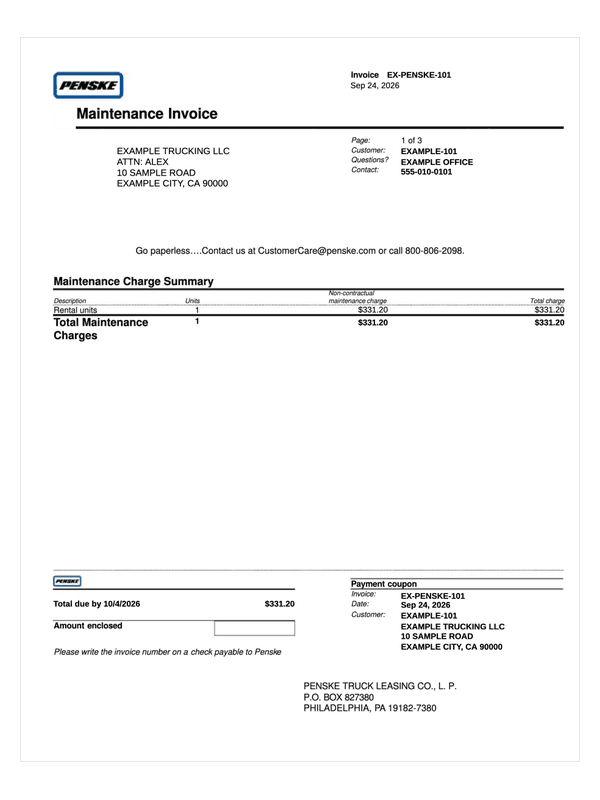 Penske Maintenance Invoice editable example