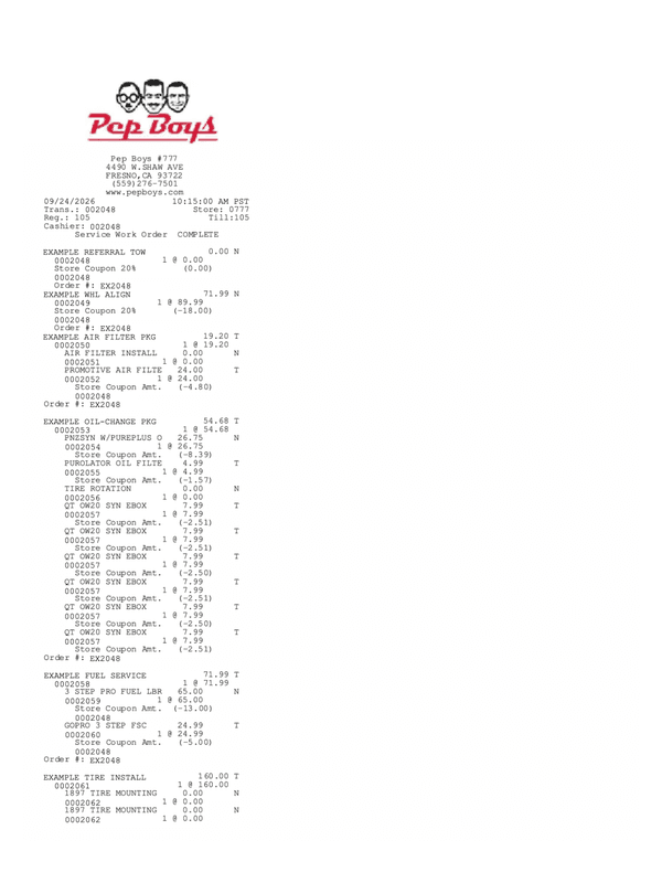 Pep Boys Service and Tire Receipt editable example