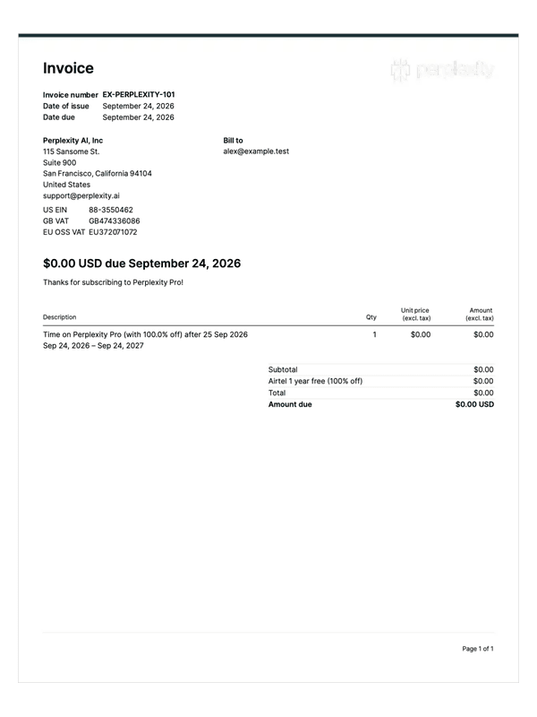 Perplexity Promotional Invoice editable example