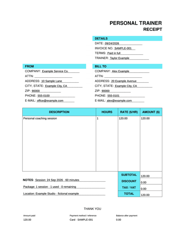 Personal Training Receipt editable example