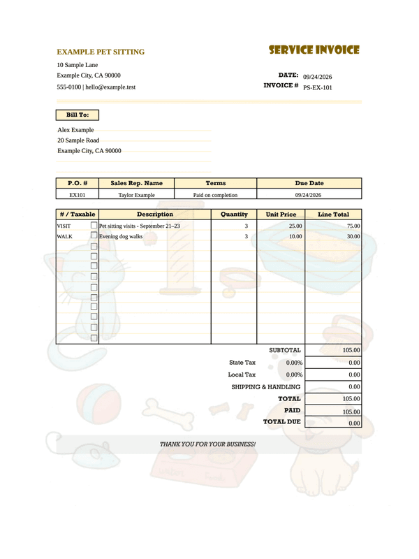 Pet Sitting Invoice editable example