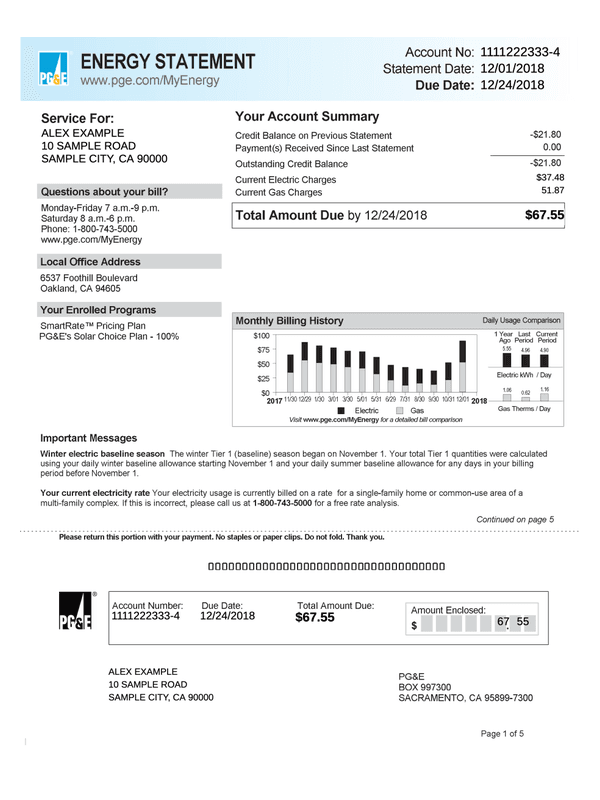 PG&E Bill Template editable example