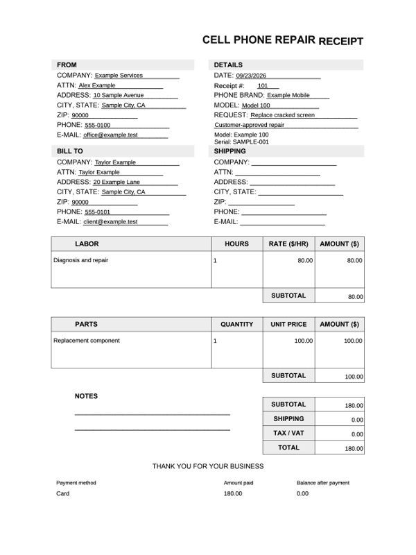 Phone Repair Receipt editable example