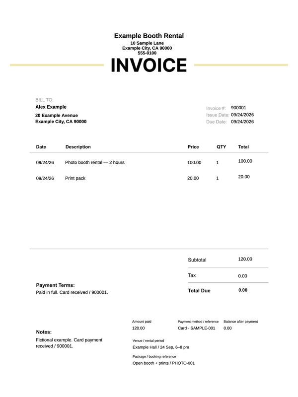 Photo Booth Rental Receipt editable example