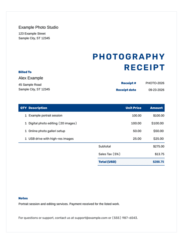 Photography Receipt editable example