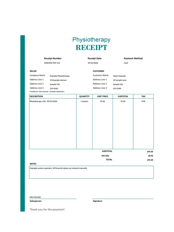 Physiotherapy Receipt editable example