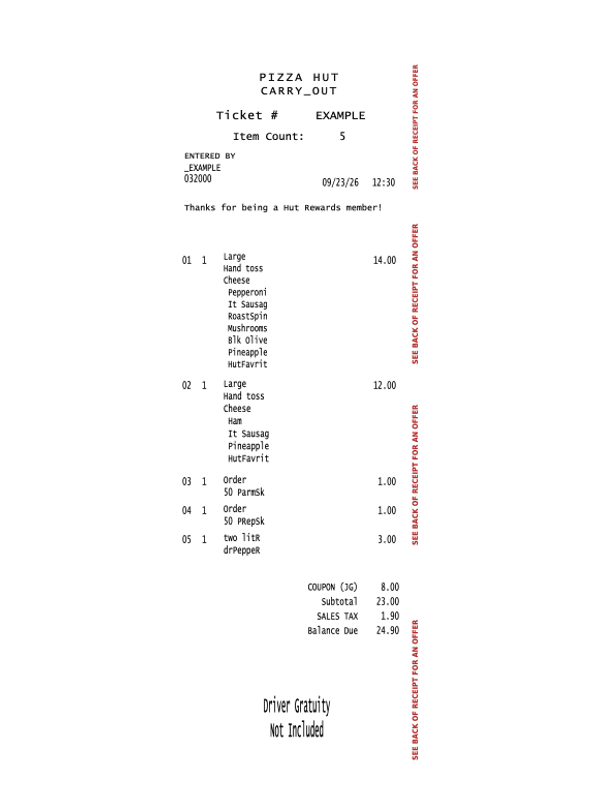Pizza Hut Carry-out Receipt editable example