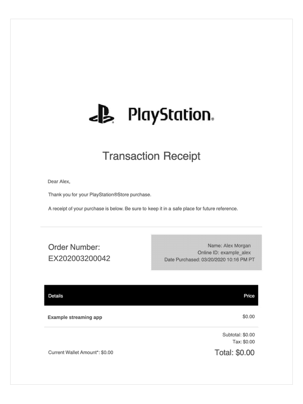 PlayStation Store Receipt editable example