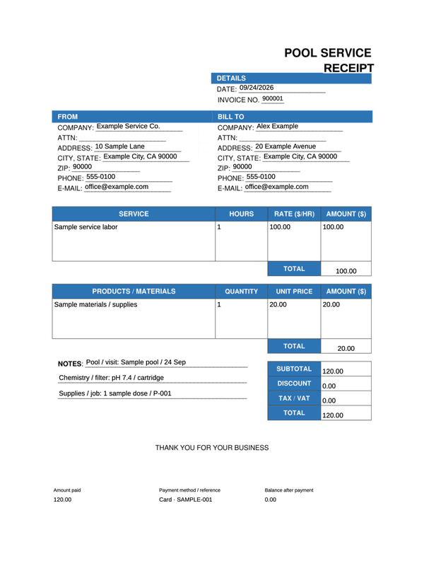Pool Service Receipt editable example