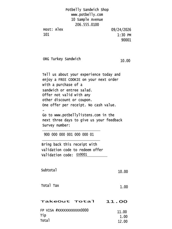 Potbelly Payment Receipt editable example
