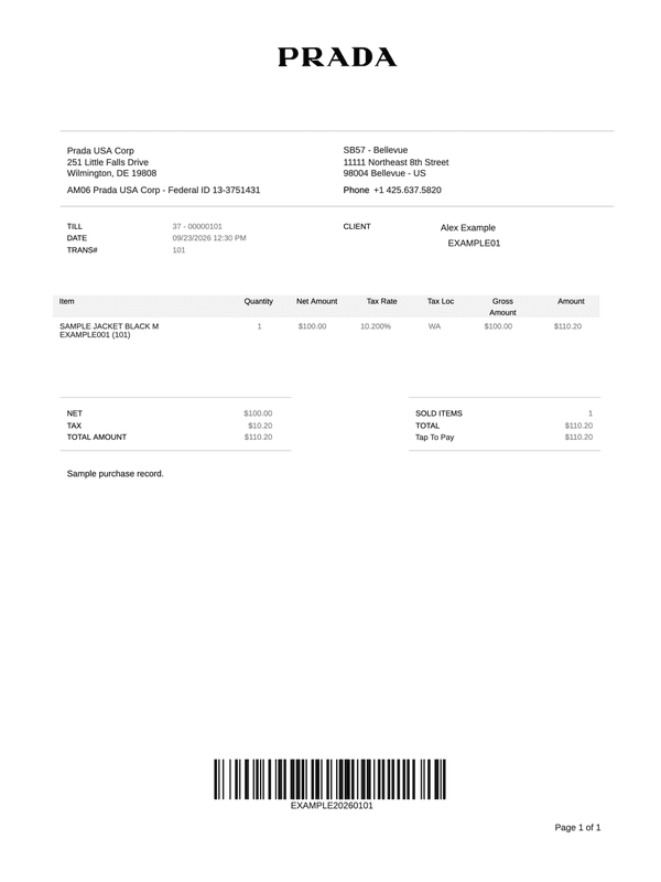 Prada Receipt editable example