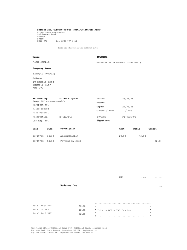 Premier Inn Receipt editable example