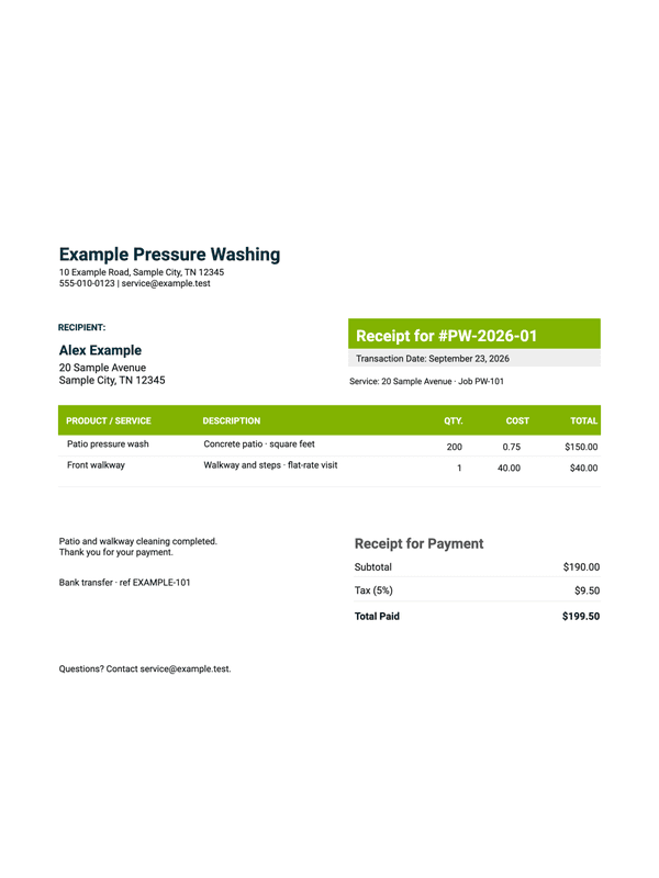 Pressure Washing Receipt editable example