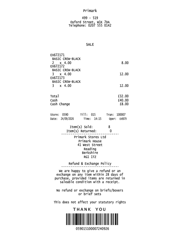 Primark Receipt editable example