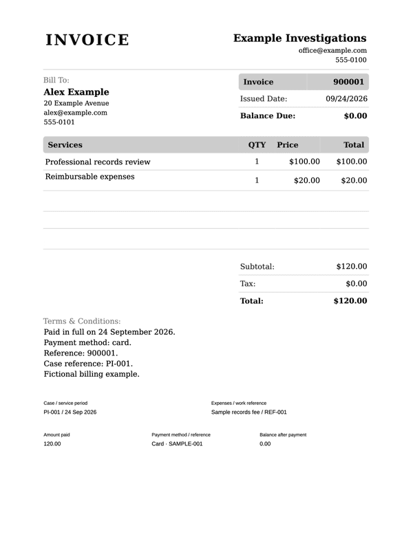 Private Investigation Receipt editable example