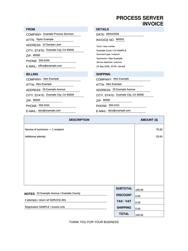 Process Server Invoice editable example