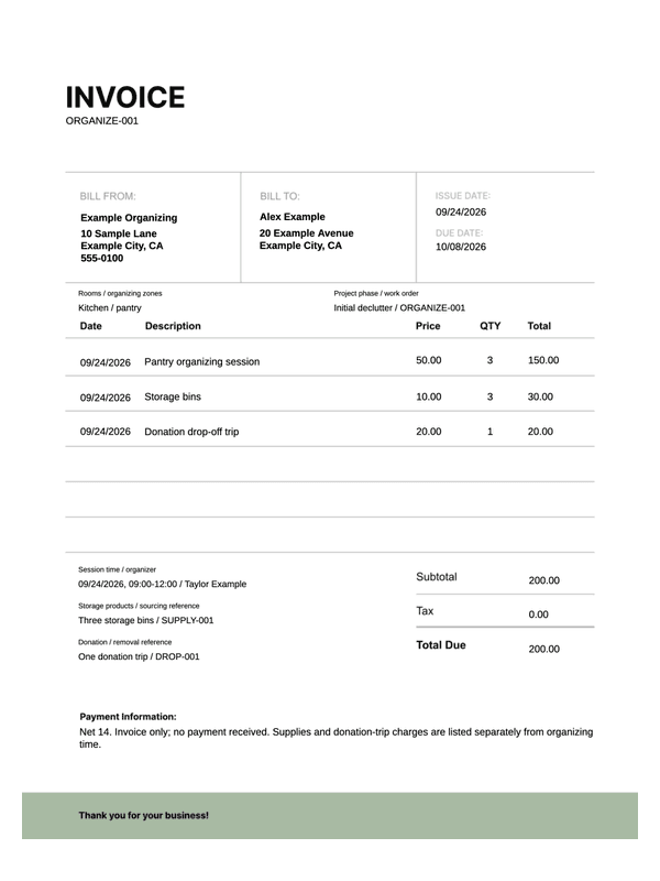 Professional Organizer Invoice editable example