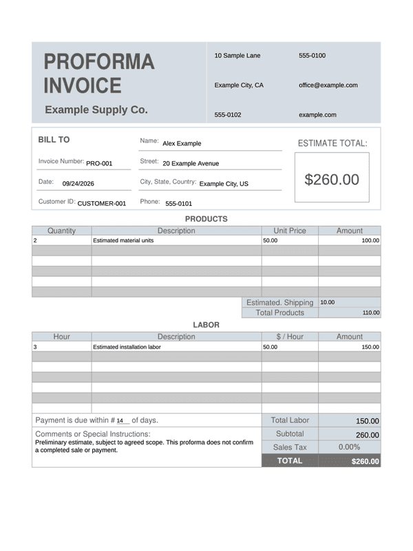 Proforma Invoice editable example