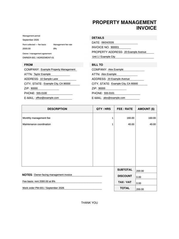 Property Management Invoice editable example