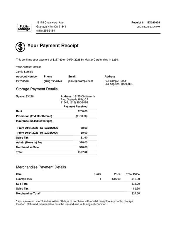 Public Storage Receipt editable example