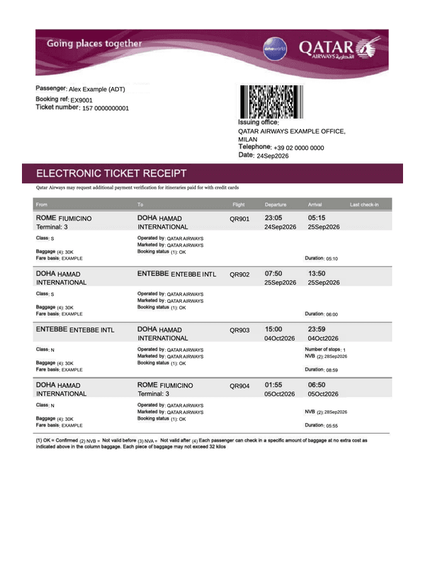 Qatar Airways Electronic Receipt editable example