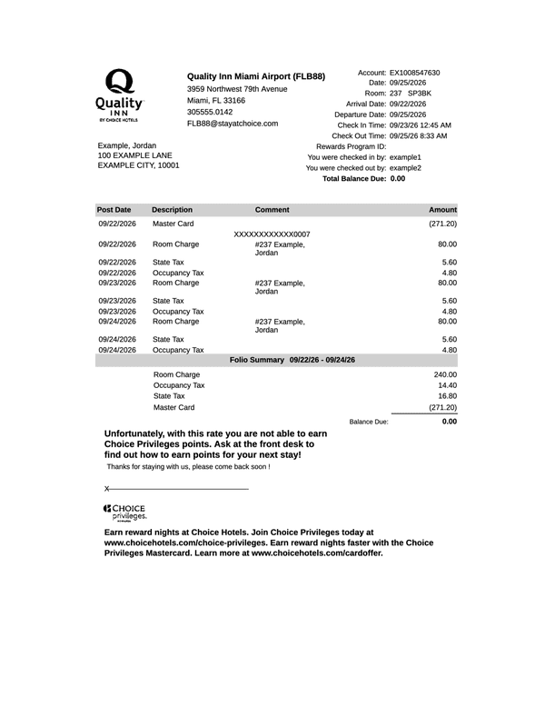 Quality Inn Receipt editable example