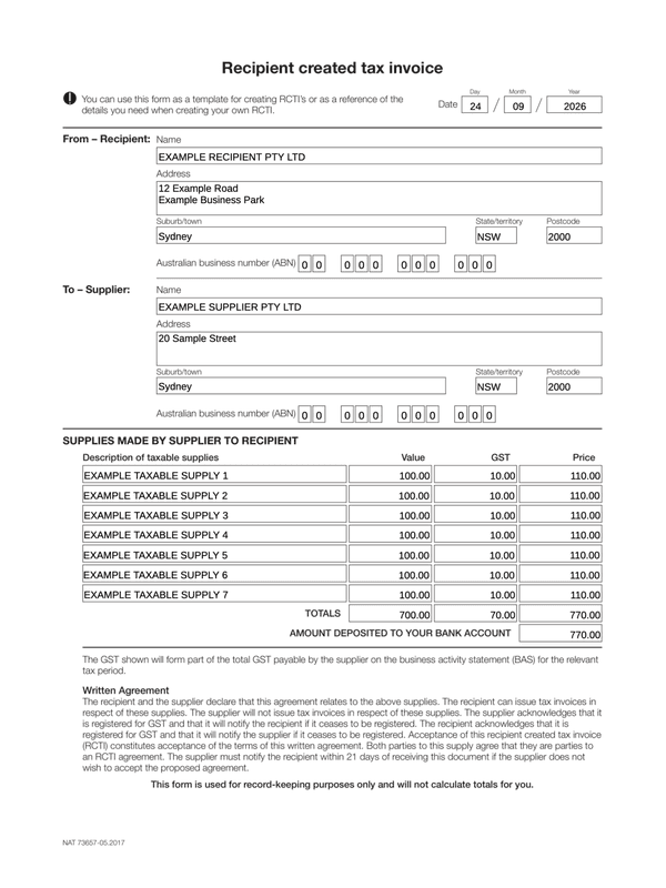 Recipient Created Tax Invoice editable example