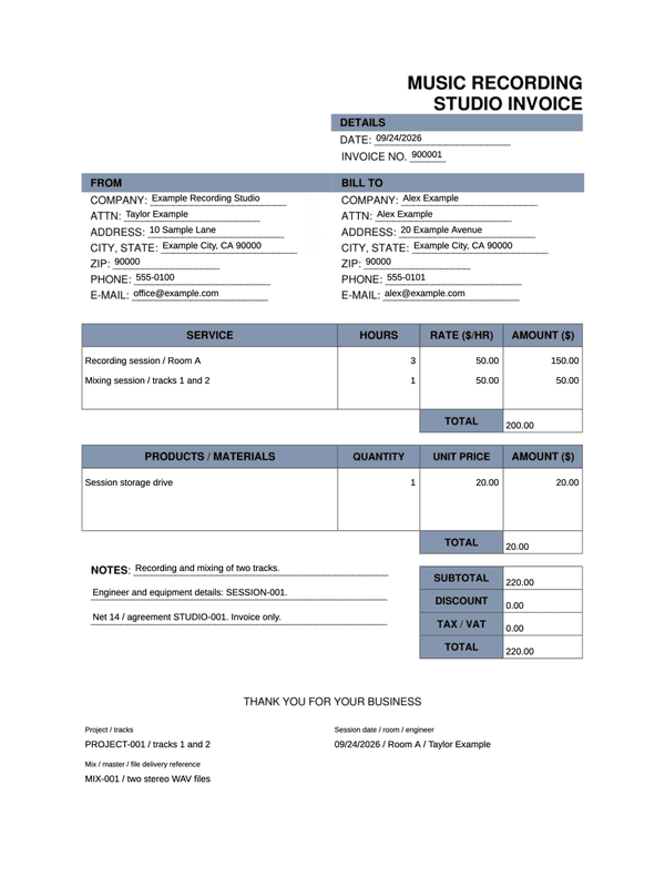 Recording Studio Invoice editable example