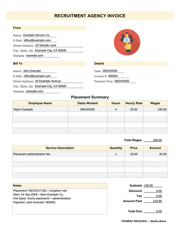 Recruitment Placement Receipt editable example