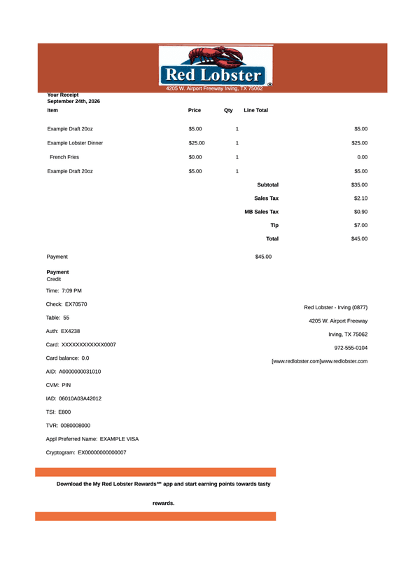 Red Lobster Receipt editable example