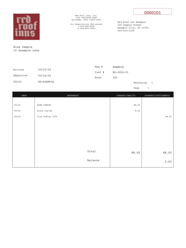Red Roof Inn Receipt editable example