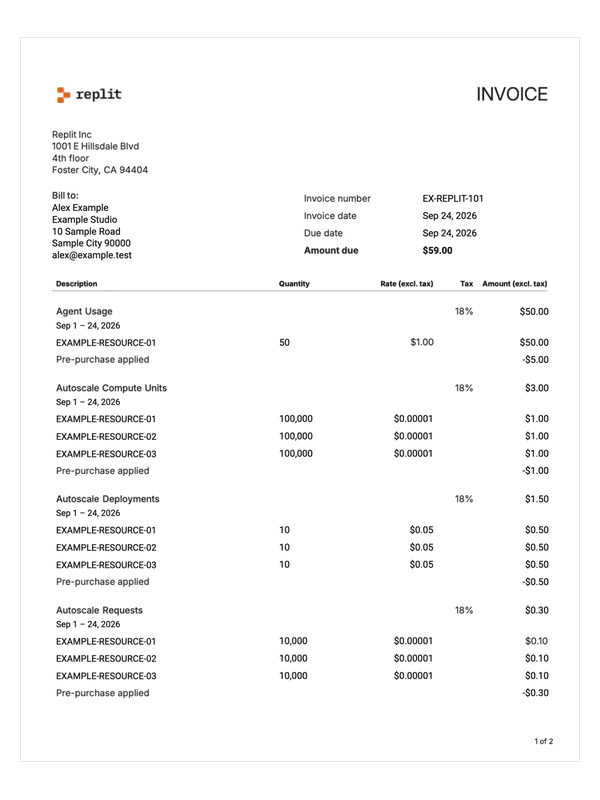 Replit Usage Invoice editable example