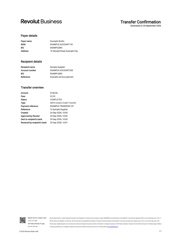 Revolut Business Transfer Receipt editable example