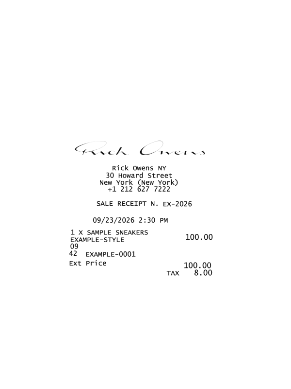 Rick Owens Receipt editable example