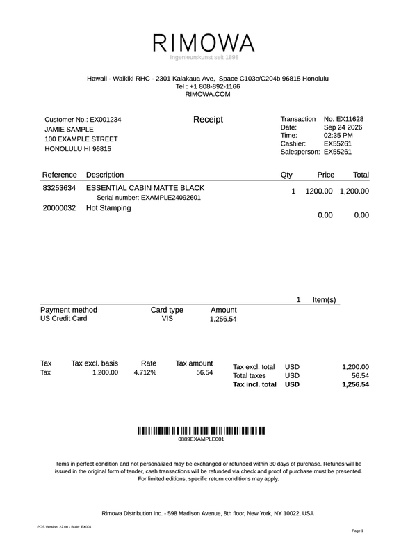 RIMOWA Receipt editable example