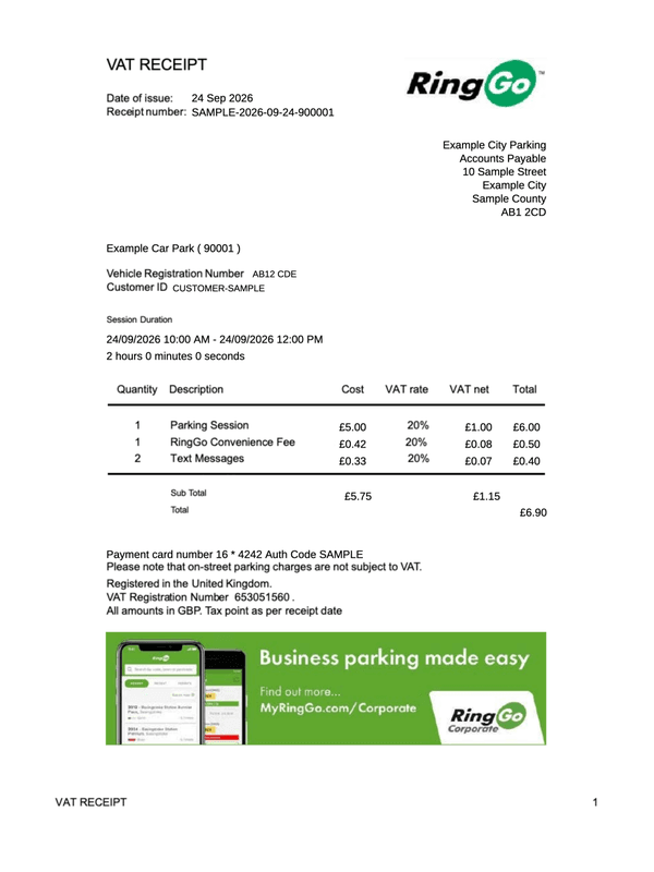 RingGo Receipt editable example