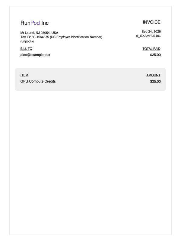 RunPod GPU Credit Invoice editable example