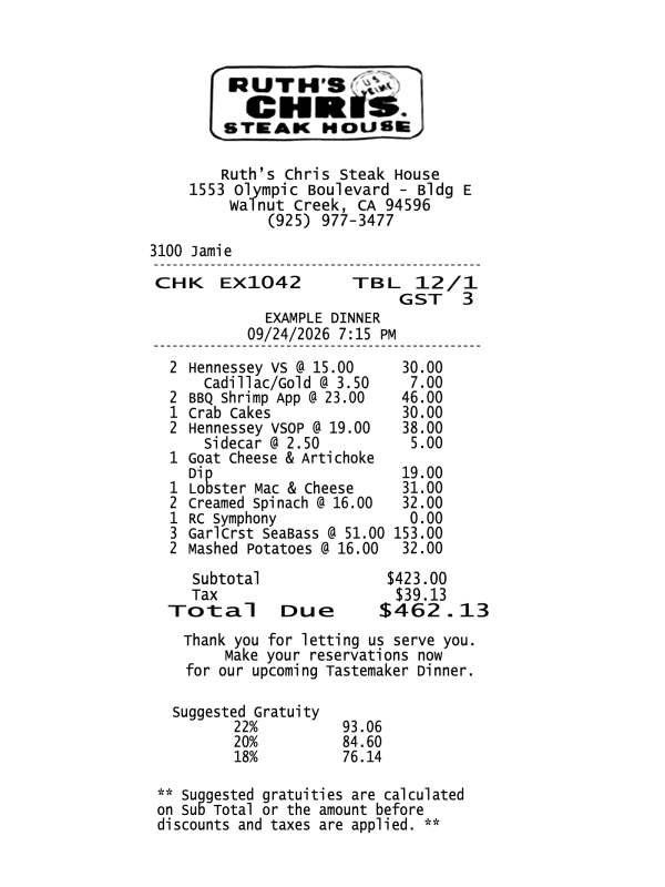 Ruth’s Chris Receipt editable example