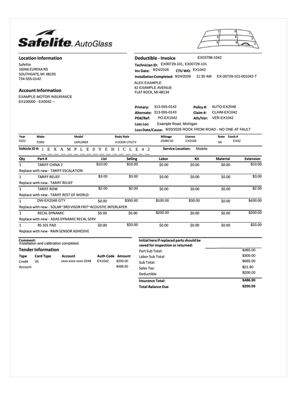 Safelite Receipt editable example